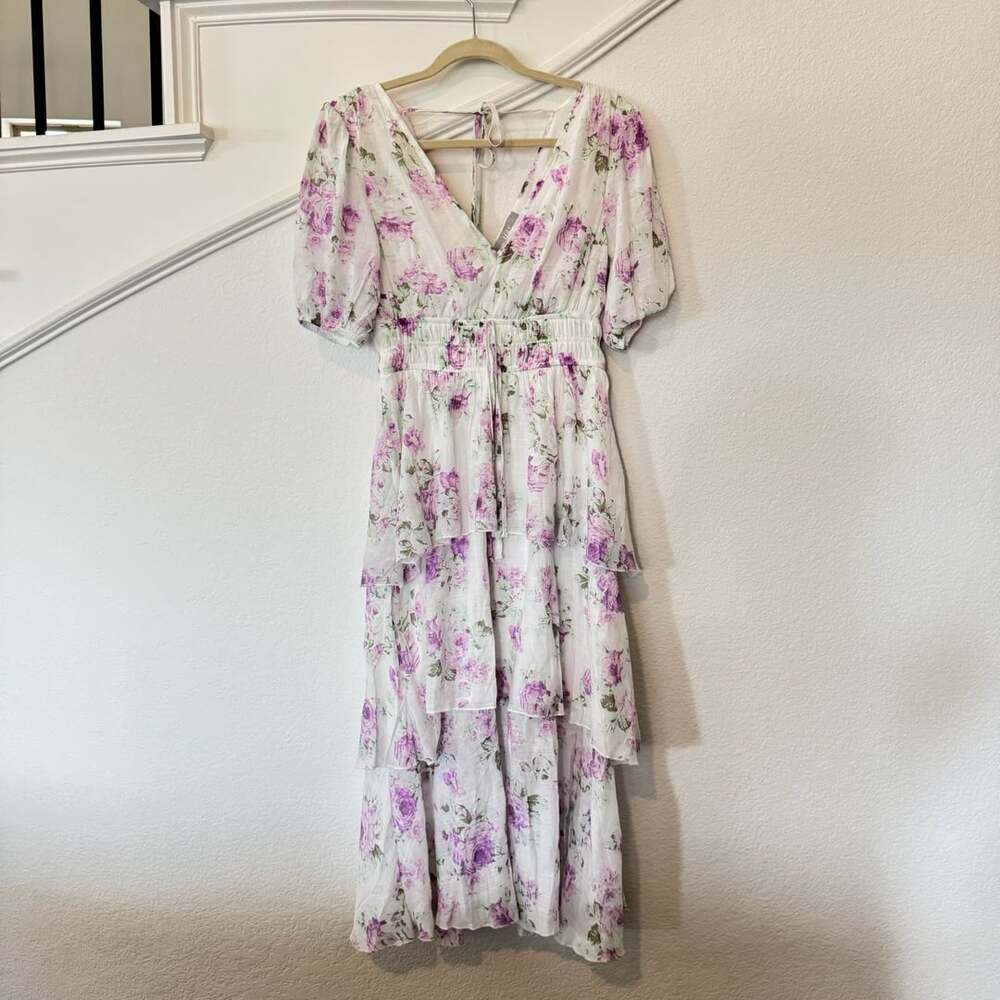 JIGEE Floral Dress PM White Purple Tiered Maxi Puff Sleeve